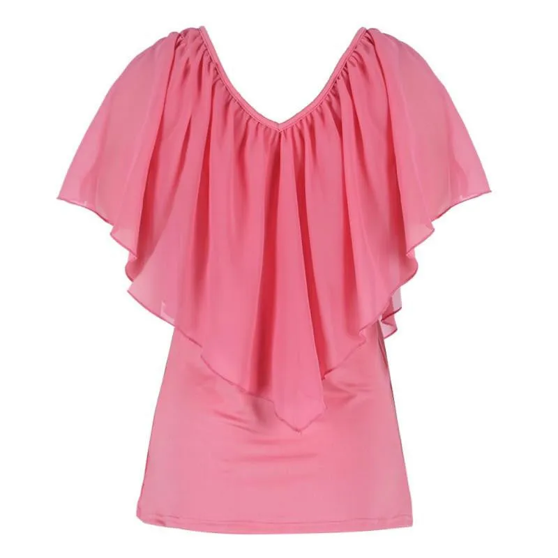 Women's Chiffon V-Neck Tops Short Sleeve Shirt Blouse Top