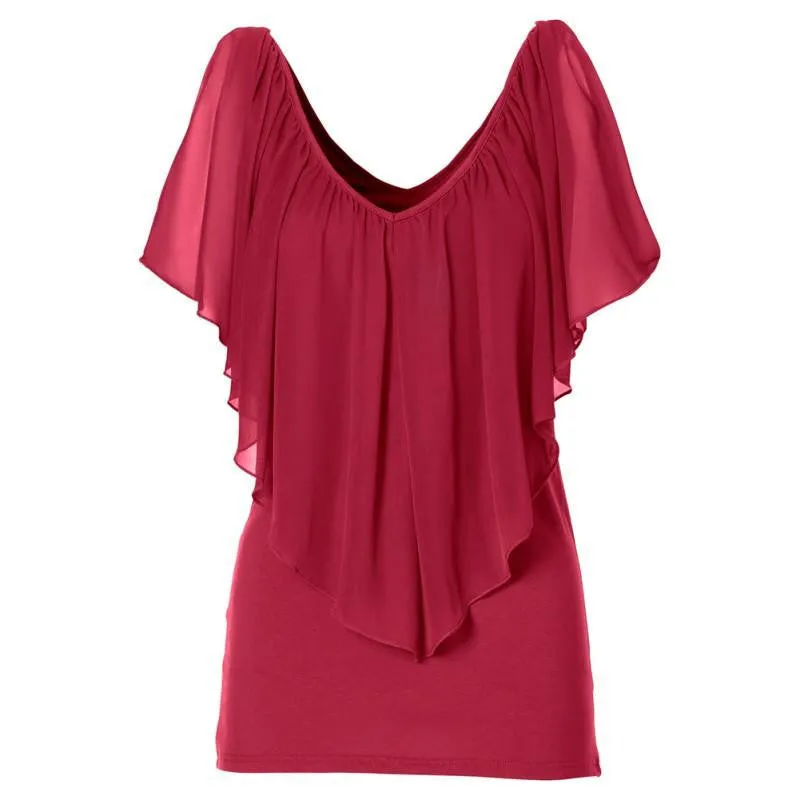 Women's Chiffon V-Neck Tops Short Sleeve Shirt Blouse Top