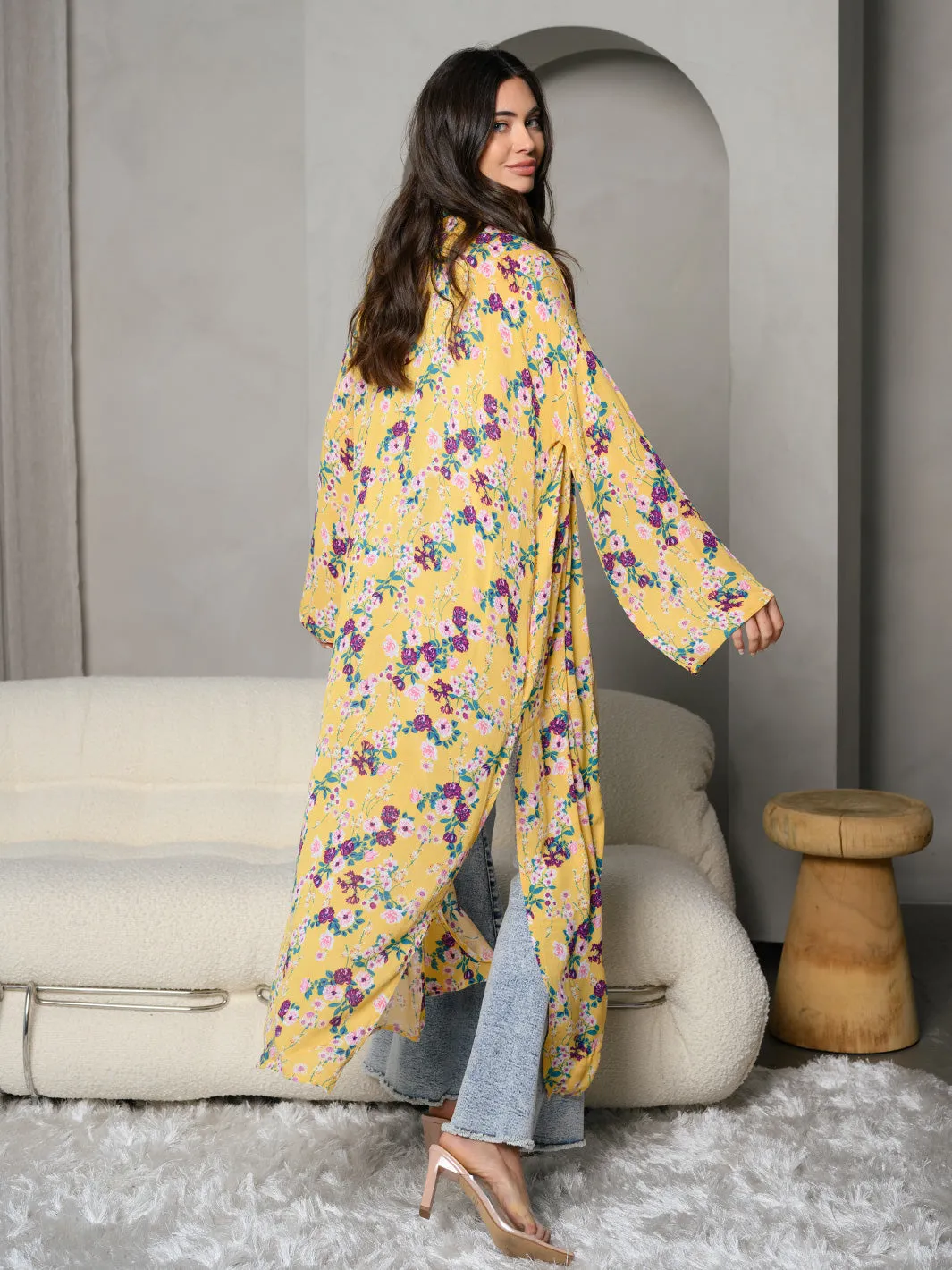 WOMEN'S FLORAL PRINT WITH SUEDE OPEN FRONT MAXI KIMONO