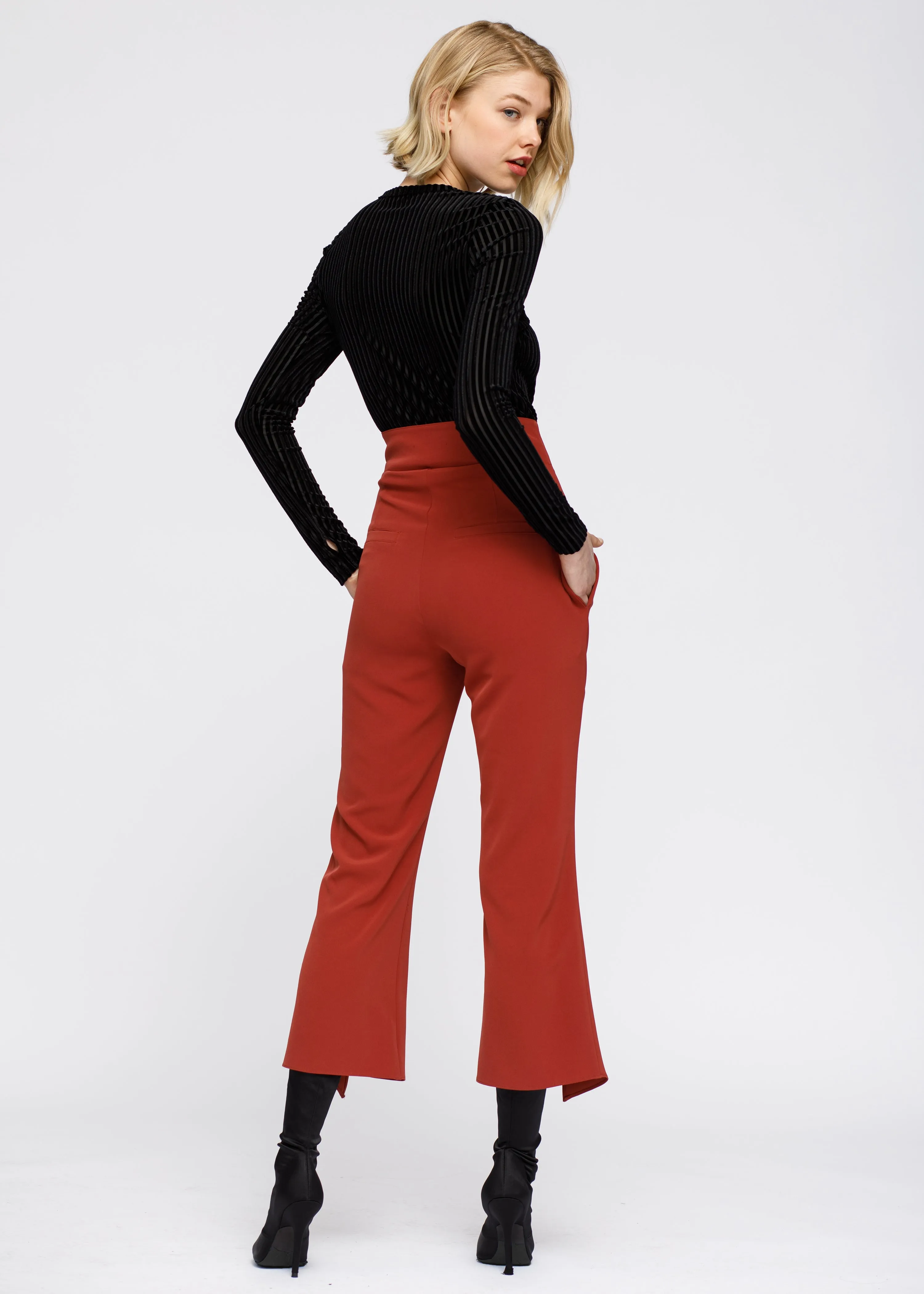 Women's High Waist Front Slit Trouser In Ruby