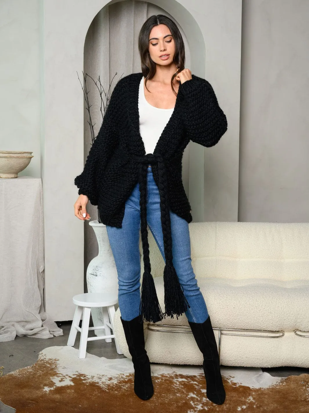 WOMEN'S LONG BALLON SLEEVE OPEN FRONT SELF TIE CARDIGAN