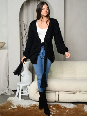 WOMEN'S LONG BALLON SLEEVE OPEN FRONT SELF TIE CARDIGAN