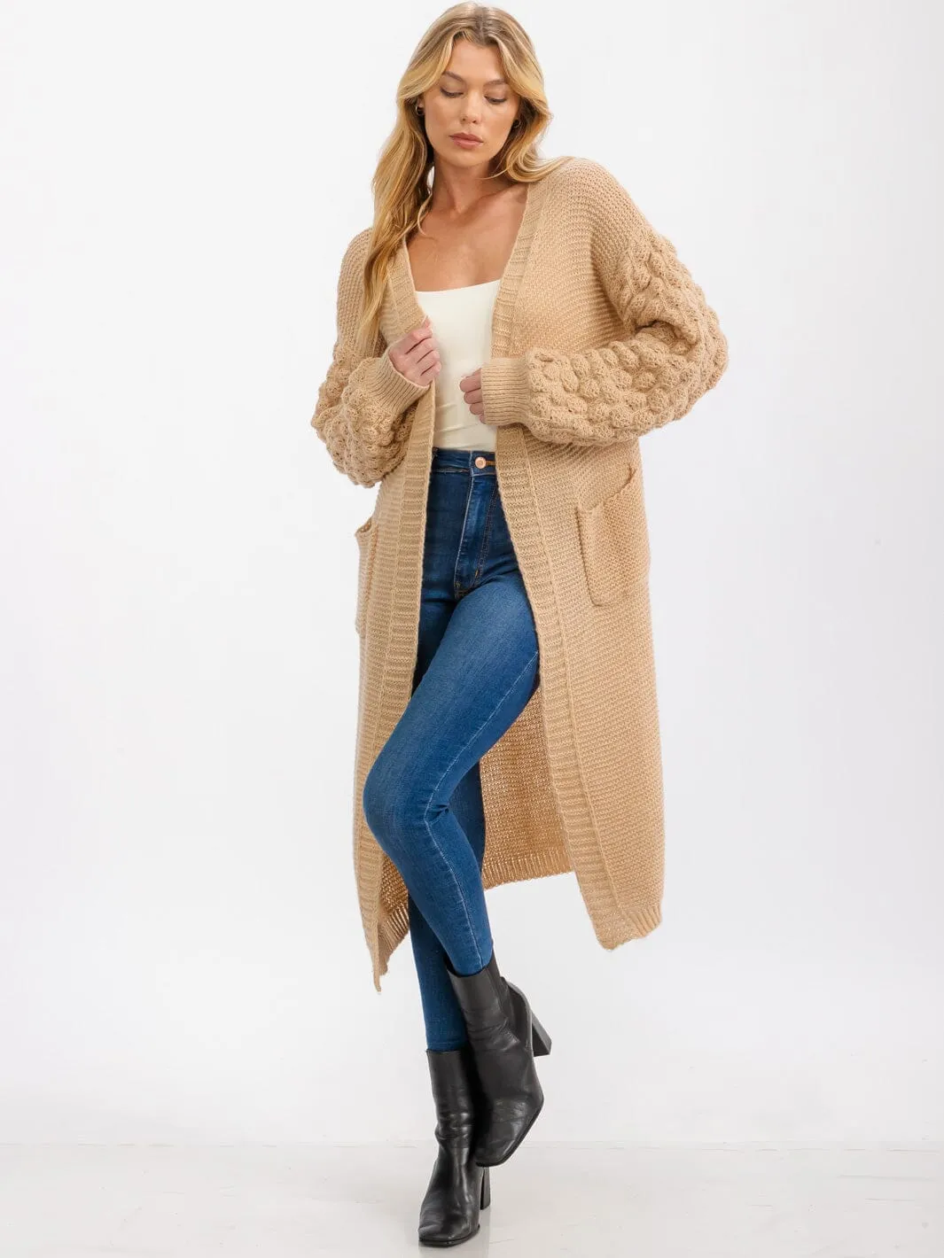 WOMEN'S LONG DETAILED SLEEVE OPEN FRONT POCKETS CARDIGAN