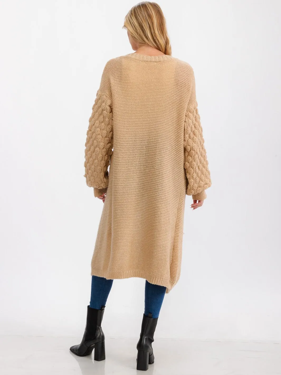 WOMEN'S LONG DETAILED SLEEVE OPEN FRONT POCKETS CARDIGAN