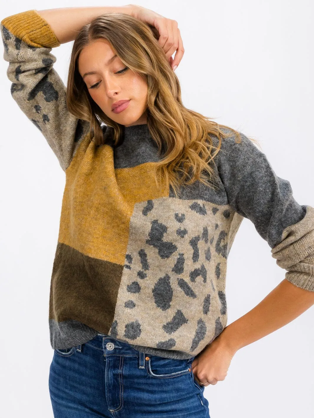 WOMEN'S LONG SLEEVE COLORBLOCK ANIMAL PRINT PULLOVER SWEATER