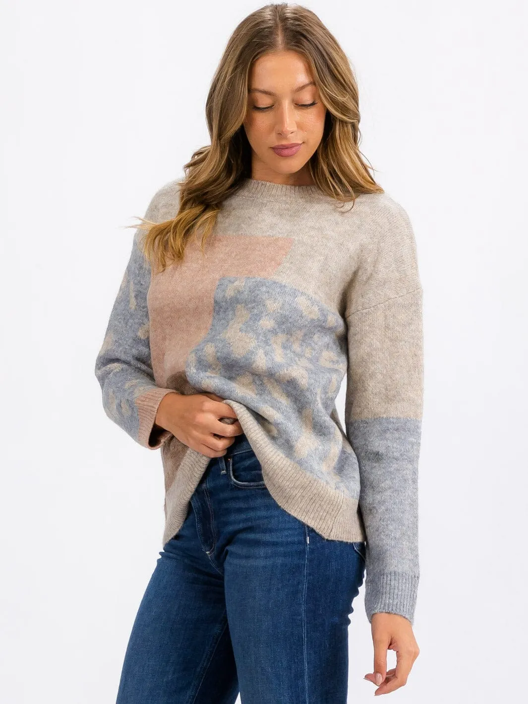 WOMEN'S LONG SLEEVE COLORBLOCK ANIMAL PRINT PULLOVER SWEATER