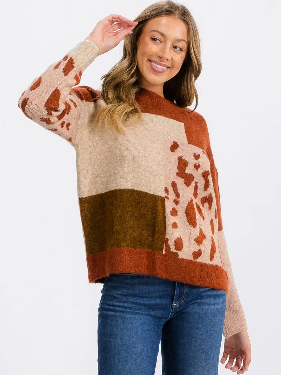 WOMEN'S LONG SLEEVE COLORBLOCK ANIMAL PRINT PULLOVER SWEATER