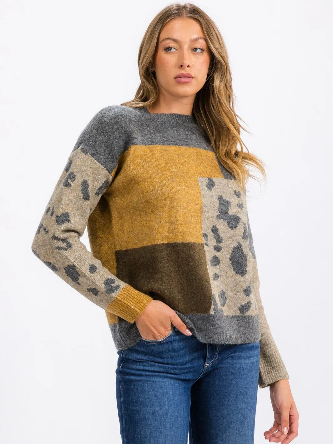 WOMEN'S LONG SLEEVE COLORBLOCK ANIMAL PRINT PULLOVER SWEATER