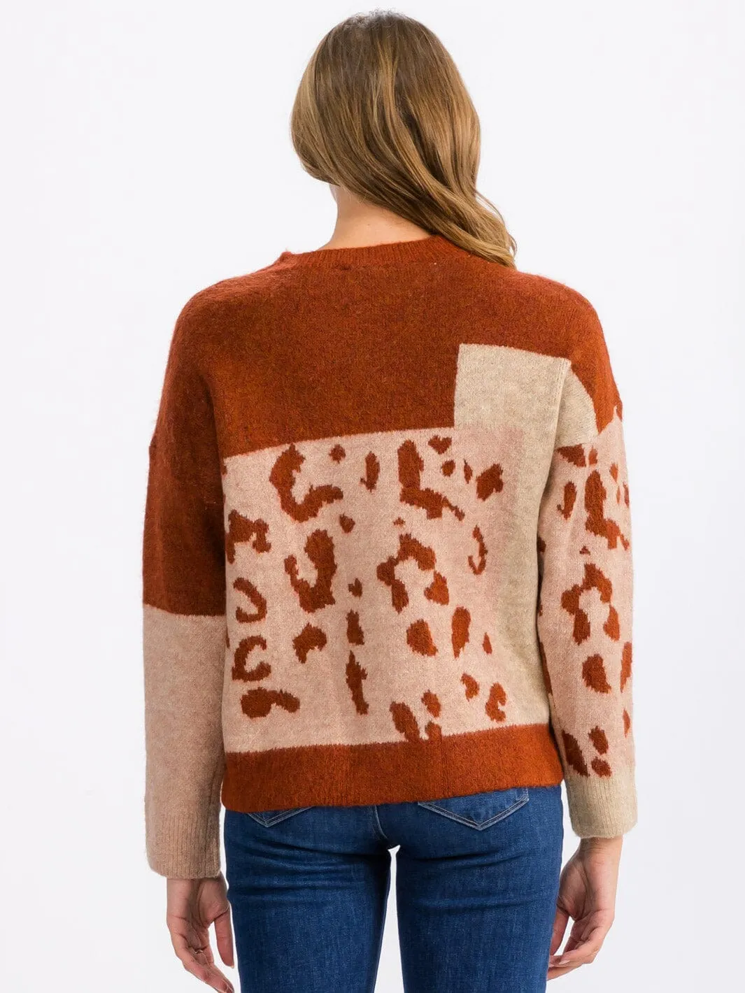 WOMEN'S LONG SLEEVE COLORBLOCK ANIMAL PRINT PULLOVER SWEATER