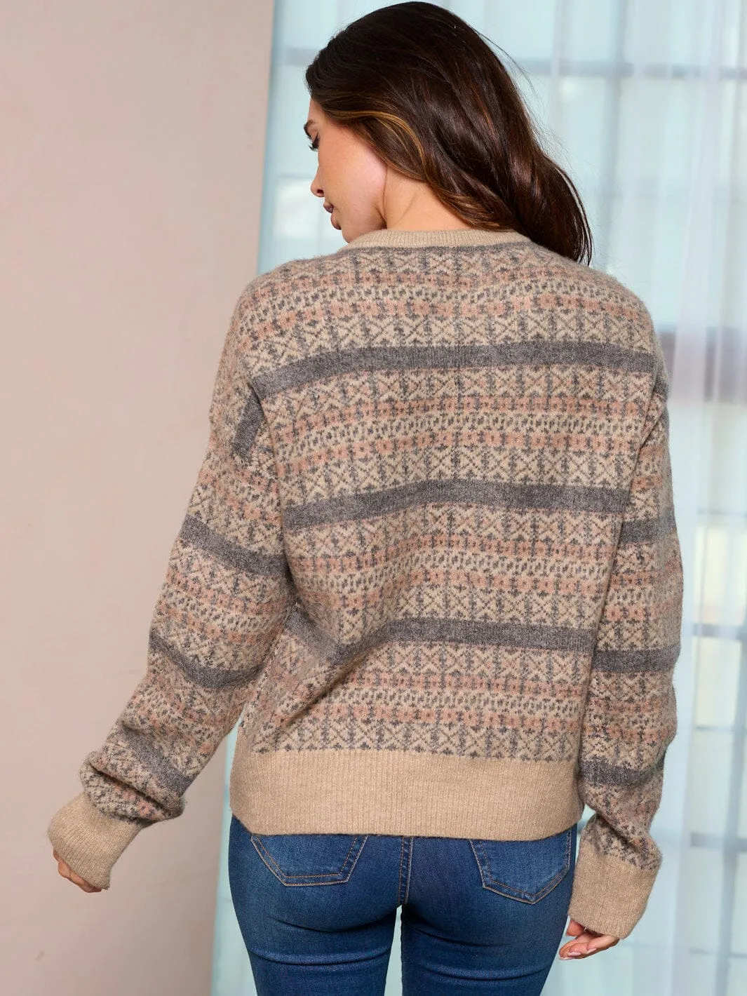 WOMEN'S LONG SLEEVE COLORBLOCK BUTTON UP PULLOVER SWEATER