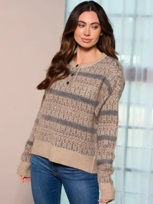 WOMEN'S LONG SLEEVE COLORBLOCK BUTTON UP PULLOVER SWEATER
