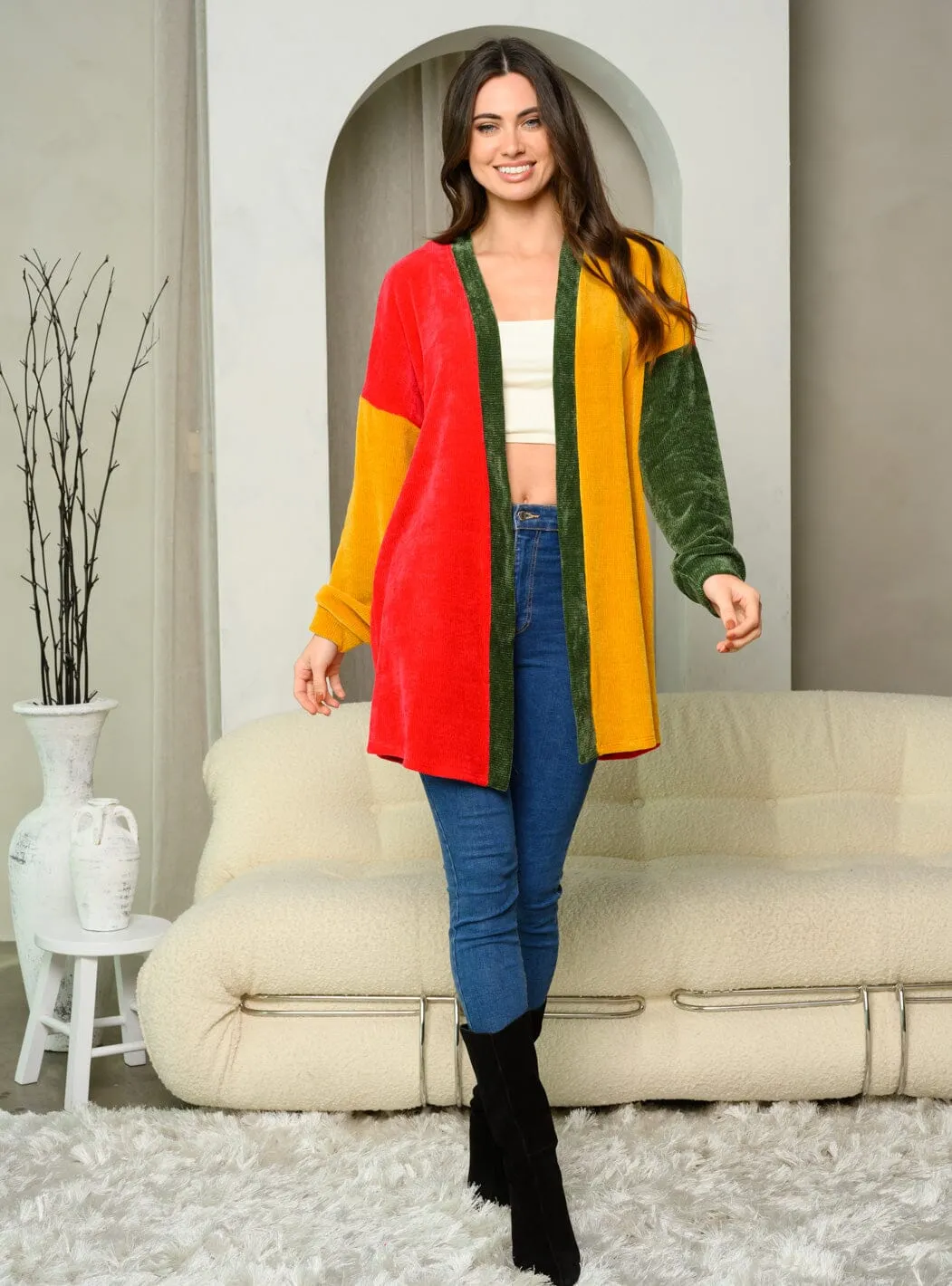 WOMEN'S LONG SLEEVE COLORBLOCK OPEN FRONT CARDIGAN