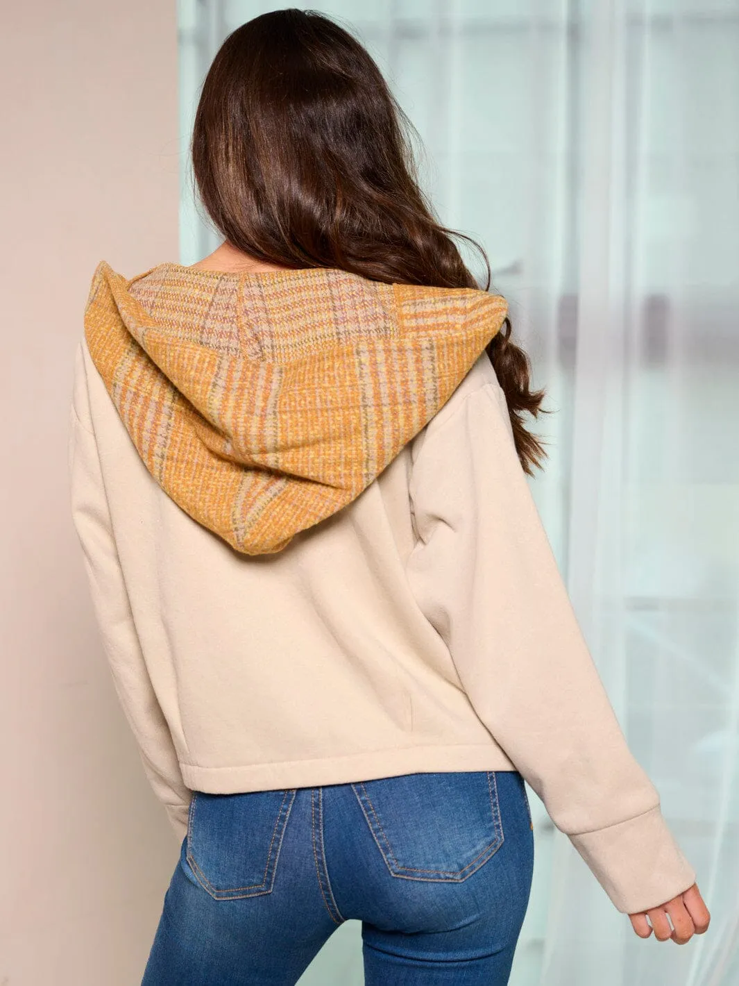 WOMEN'S LONG SLEEVE COLORBLOCK OPEN FRONT POCKETS PLAID HOODED CARDIGAN