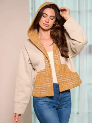 WOMEN'S LONG SLEEVE COLORBLOCK OPEN FRONT POCKETS PLAID HOODED CARDIGAN