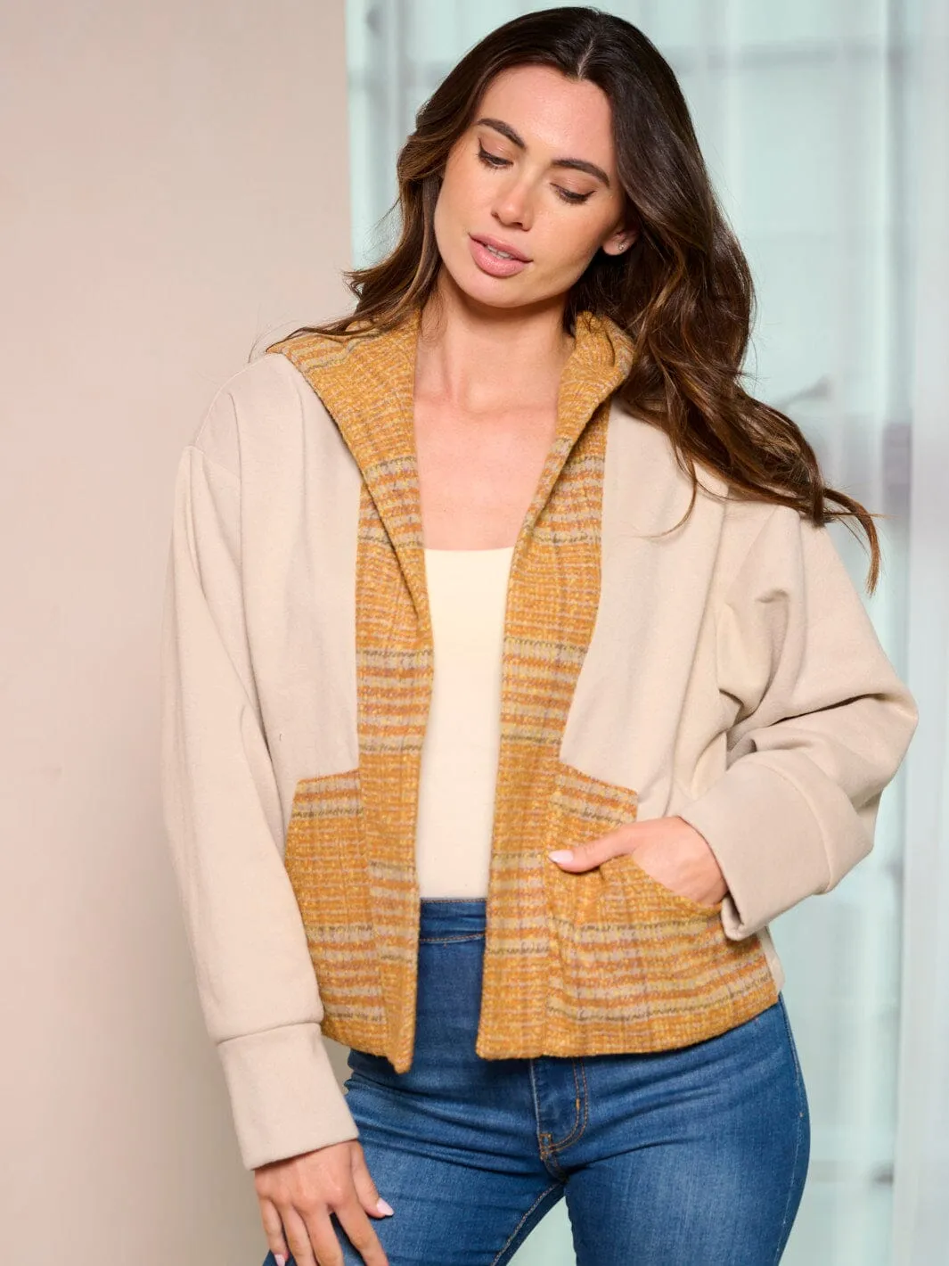 WOMEN'S LONG SLEEVE COLORBLOCK OPEN FRONT POCKETS PLAID HOODED CARDIGAN