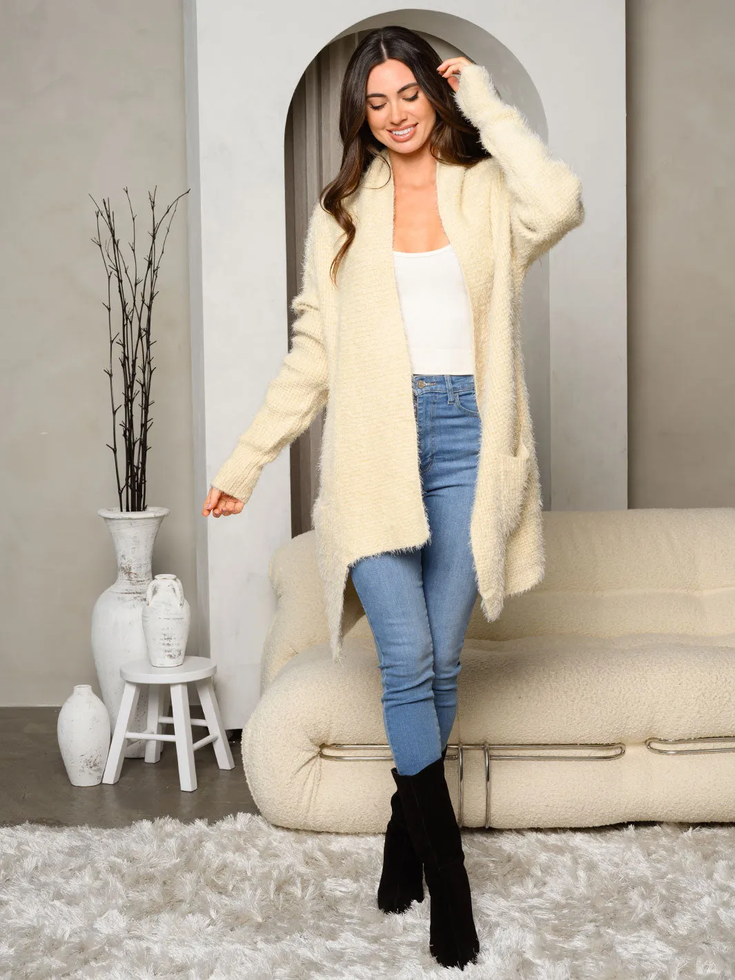 WOMEN'S LONG SLEEVE KNIT FRONT POCKETS OPEN CARDIGAN