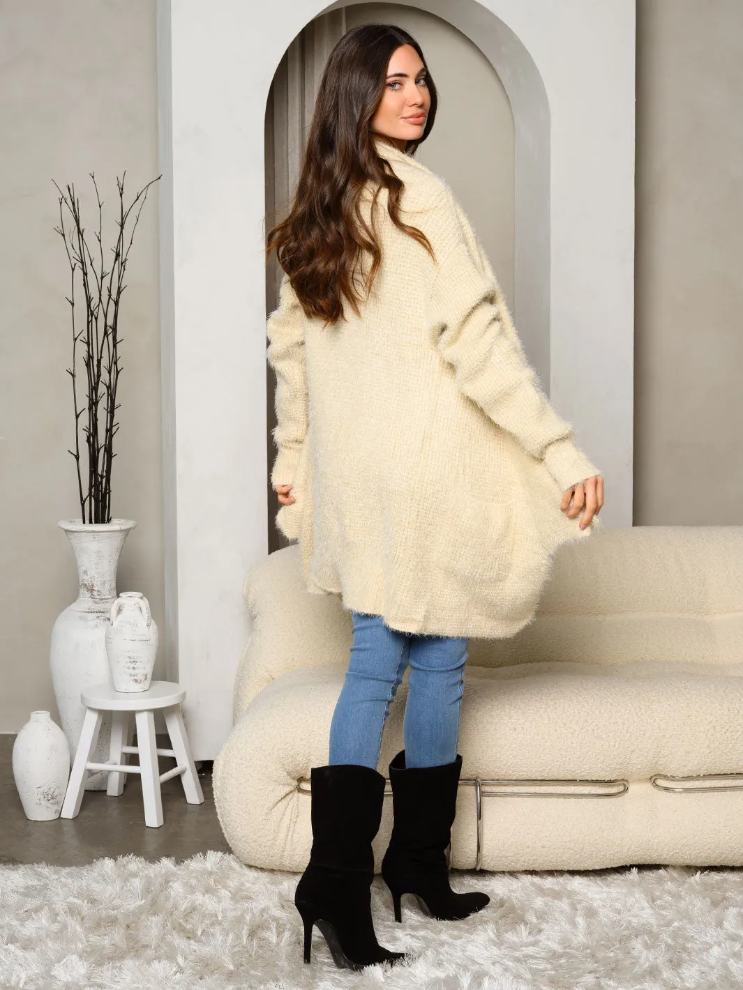 WOMEN'S LONG SLEEVE KNIT FRONT POCKETS OPEN CARDIGAN