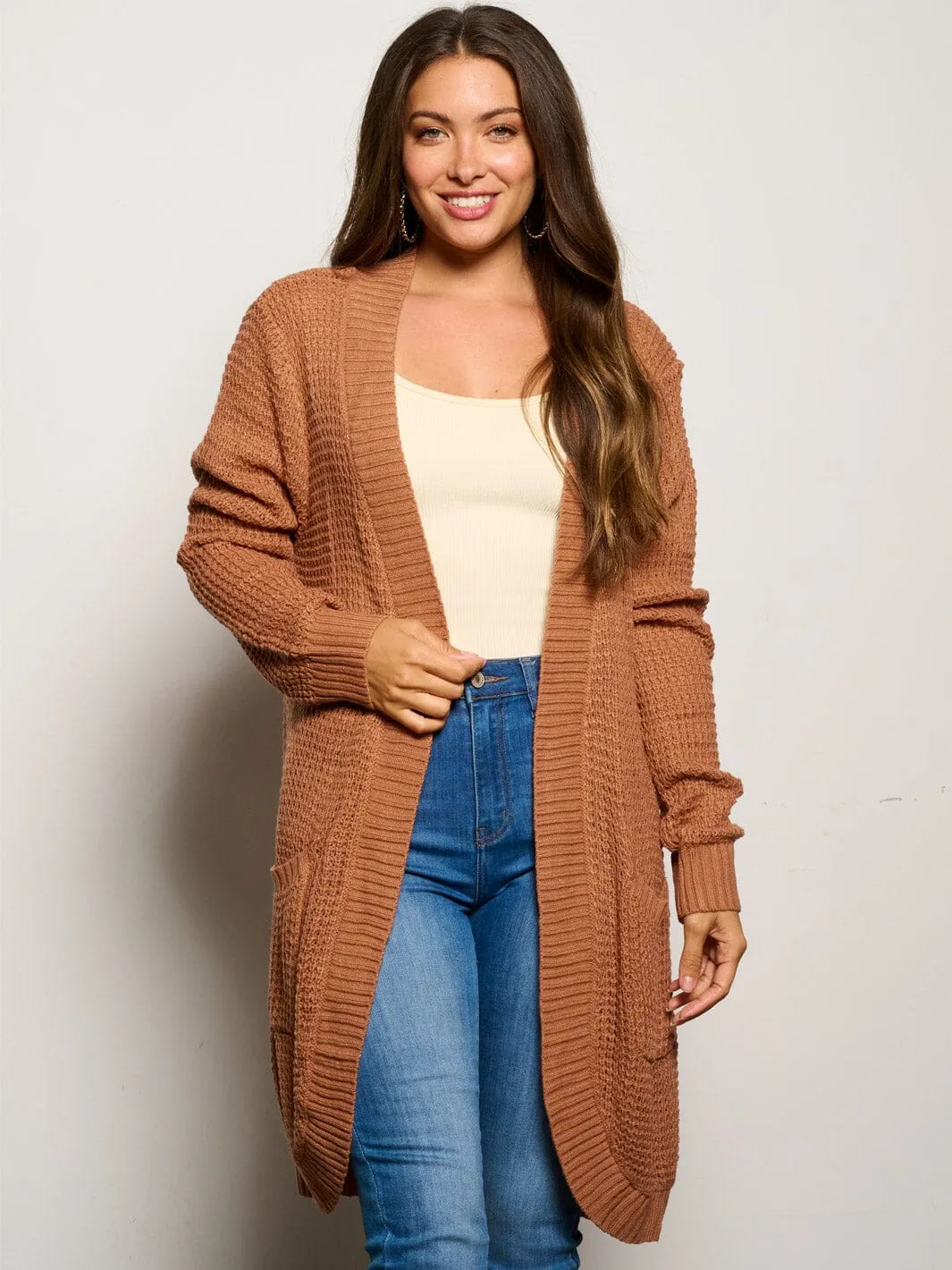 WOMEN'S LONG SLEEVE OPEB FRONT POCKETS CARDIGAN