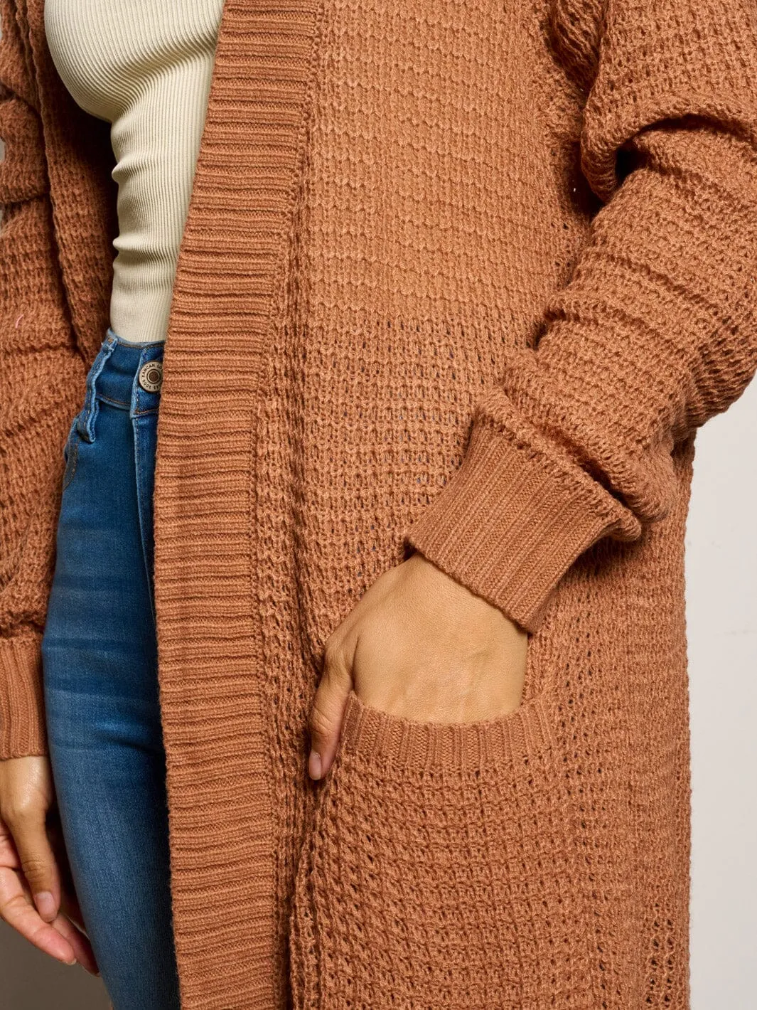 WOMEN'S LONG SLEEVE OPEB FRONT POCKETS CARDIGAN
