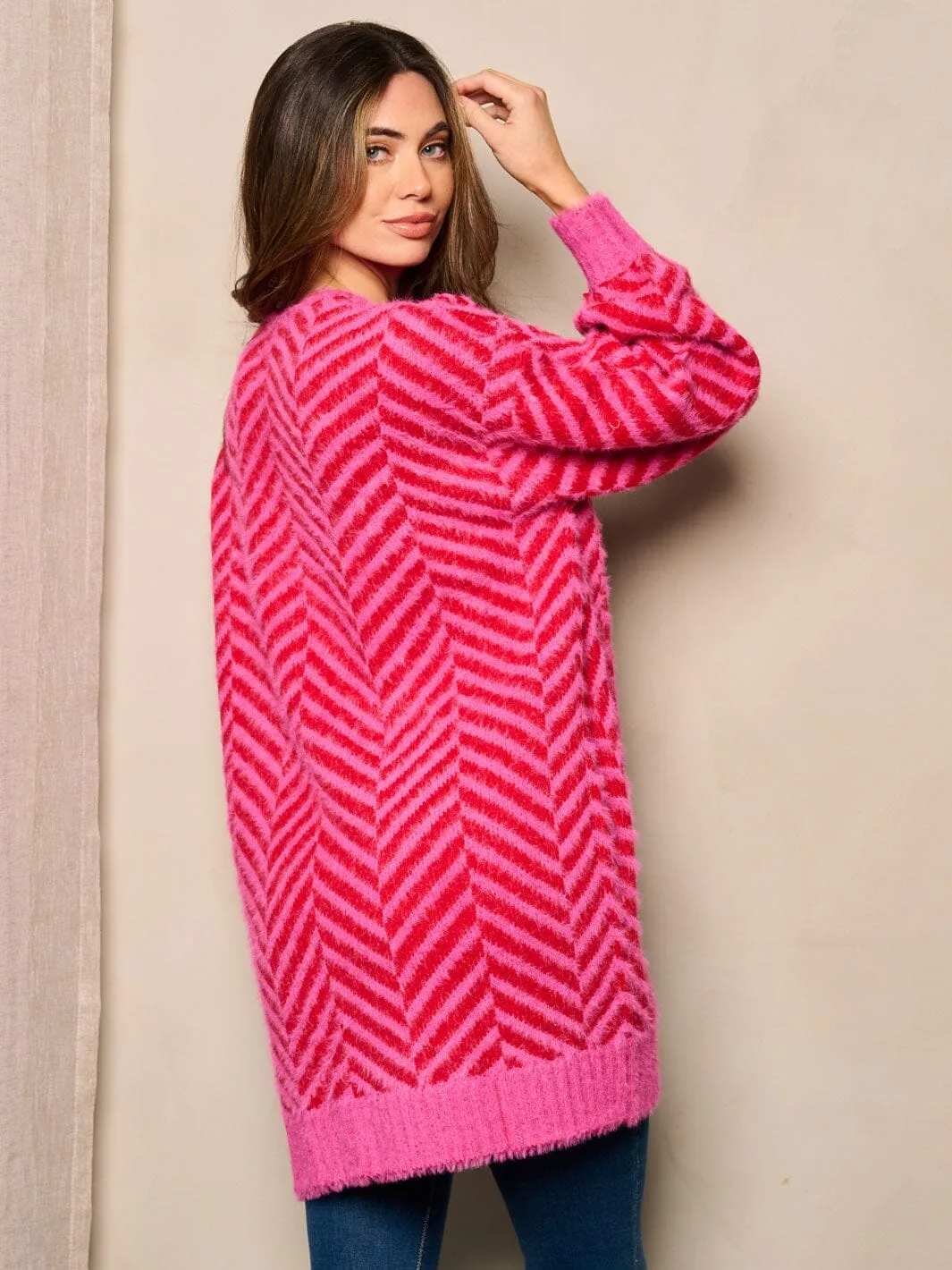 WOMEN'S LONG SLEEVE OPEN FRONT FUZZY COLORBLOCK CARDIGAN