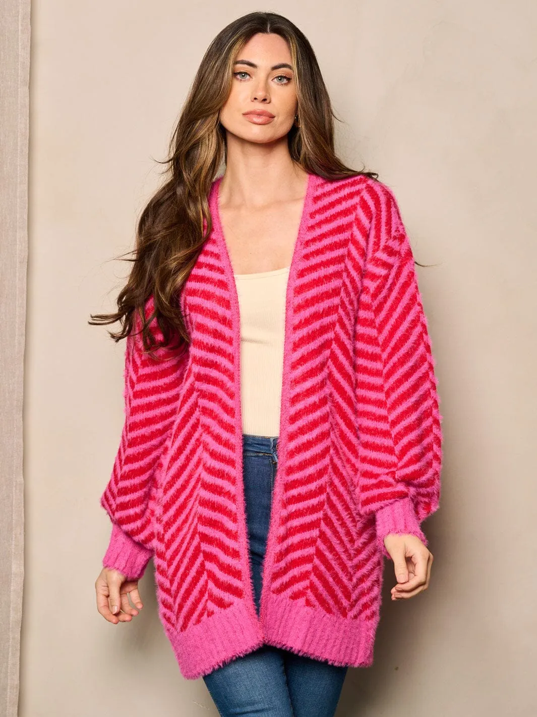 WOMEN'S LONG SLEEVE OPEN FRONT FUZZY COLORBLOCK CARDIGAN