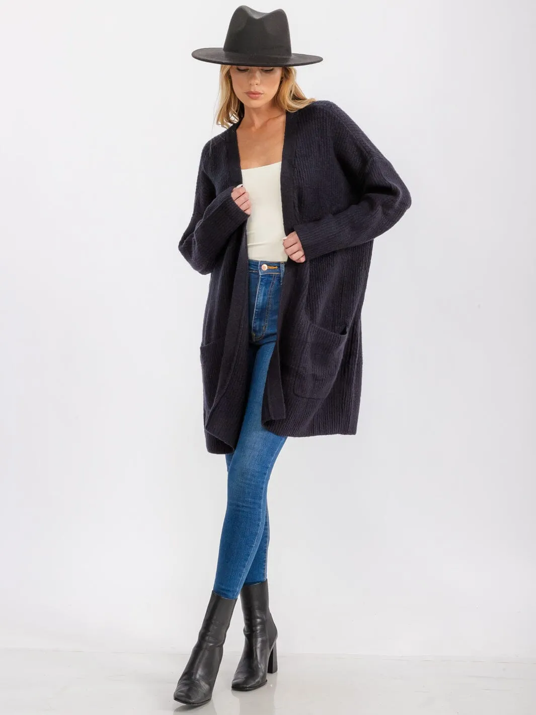 WOMEN'S LONG SLEEVE OPEN FRONT POCKETS CARDIGAN