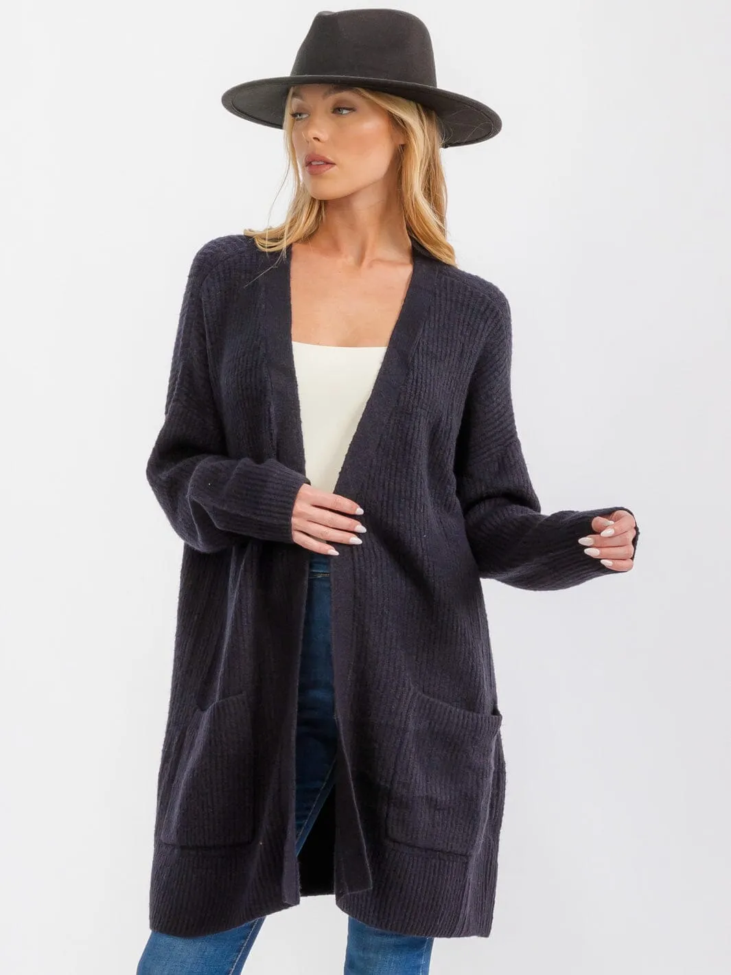 WOMEN'S LONG SLEEVE OPEN FRONT POCKETS CARDIGAN