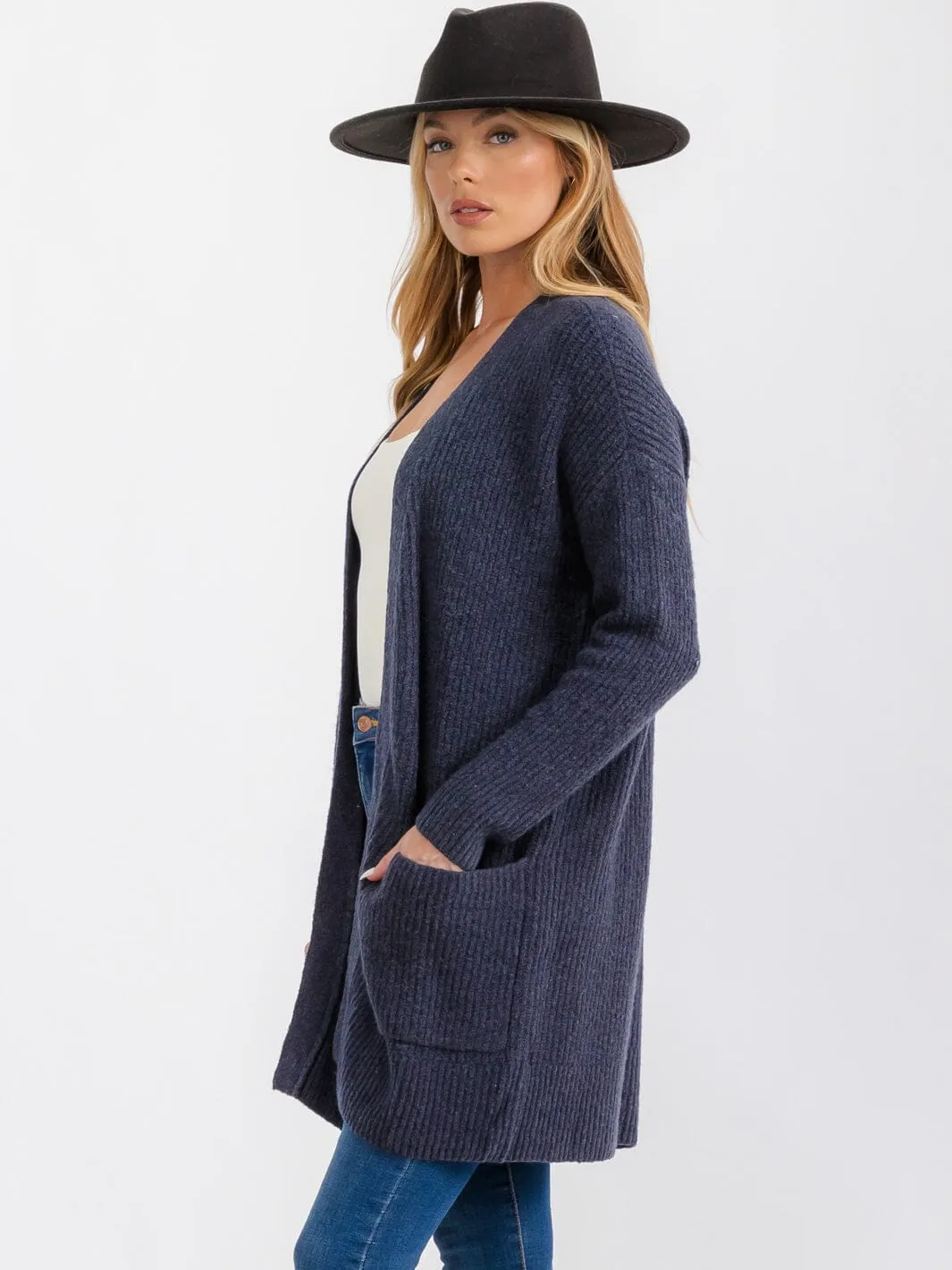 WOMEN'S LONG SLEEVE OPEN FRONT POCKETS CARDIGAN