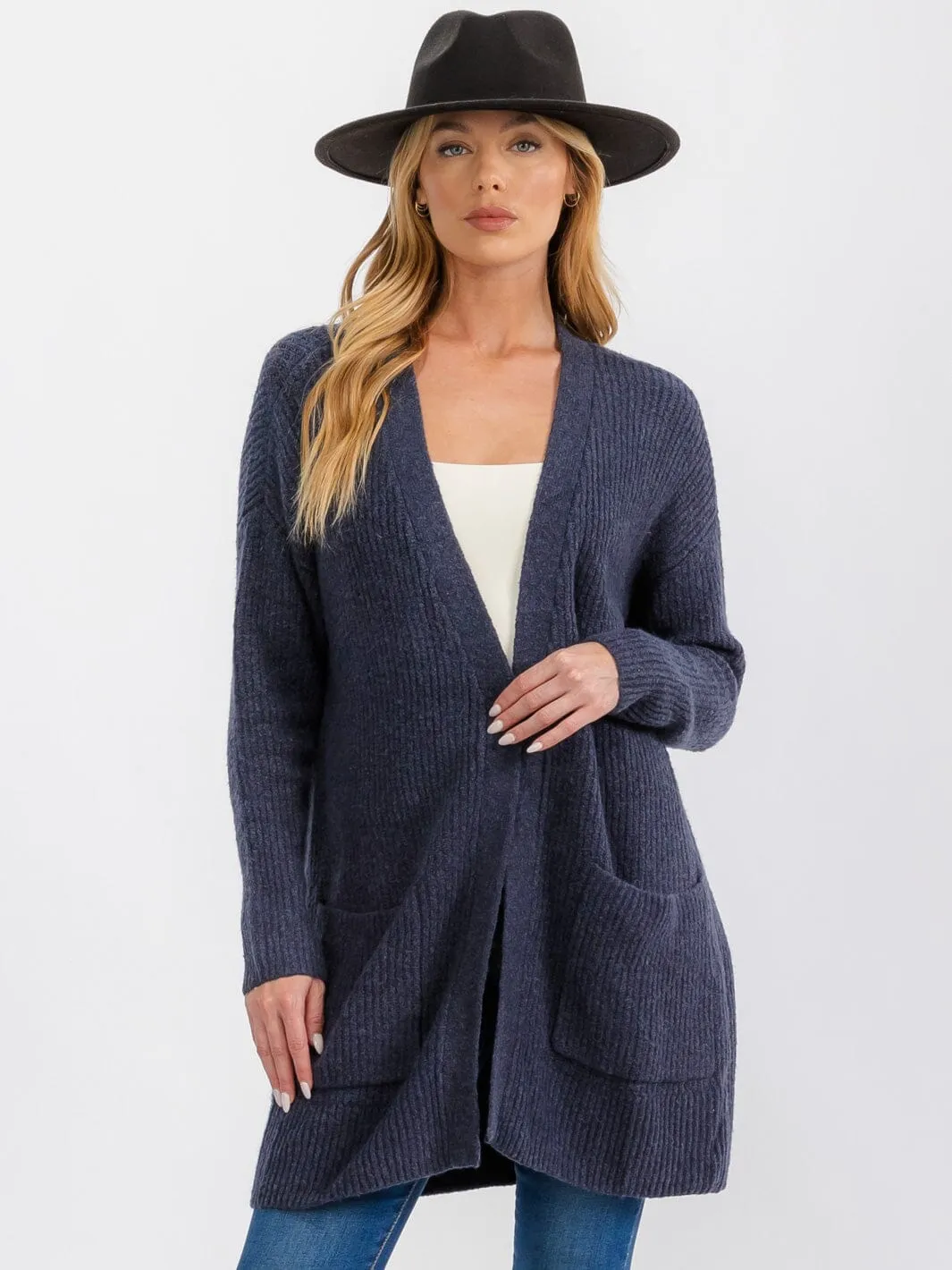 WOMEN'S LONG SLEEVE OPEN FRONT POCKETS CARDIGAN