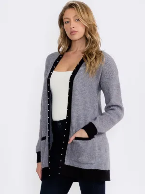 WOMEN'S LONG SLEEVE OPEN FRONT POCKETS COLORBLOCK TRIM DETAILED CARDIGAN