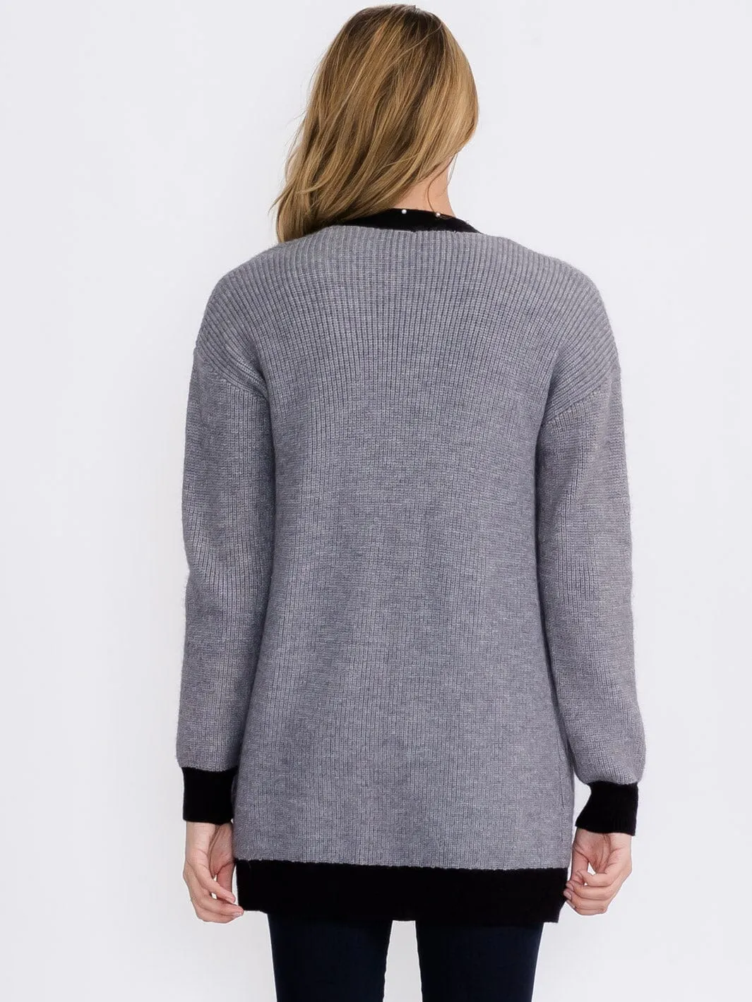 WOMEN'S LONG SLEEVE OPEN FRONT POCKETS COLORBLOCK TRIM DETAILED CARDIGAN