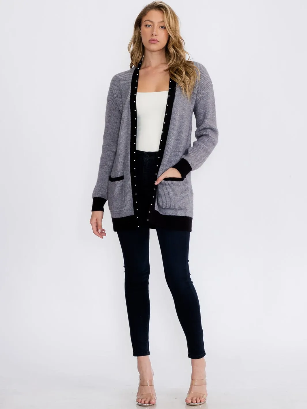 WOMEN'S LONG SLEEVE OPEN FRONT POCKETS COLORBLOCK TRIM DETAILED CARDIGAN