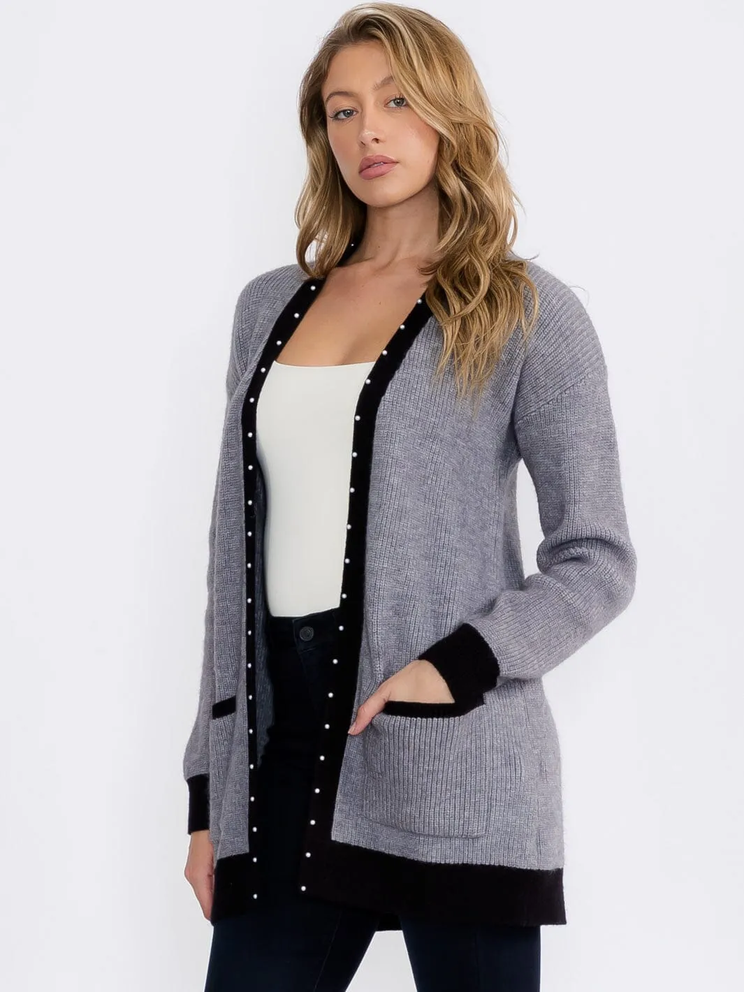 WOMEN'S LONG SLEEVE OPEN FRONT POCKETS COLORBLOCK TRIM DETAILED CARDIGAN
