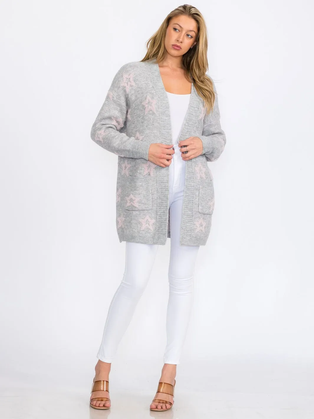 WOMEN'S LONG SLEEVE OPEN FRONT POCKETS STARS PRINT CARDIGAN