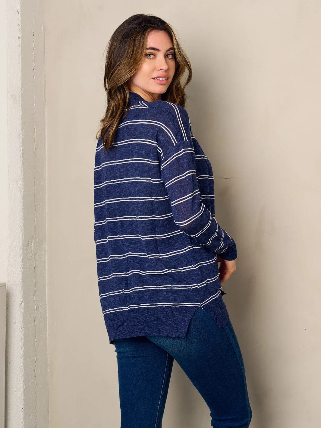 WOMEN'S LONG SLEEVE OPEN FRONT POCKETS STRIPES CARDIGAN