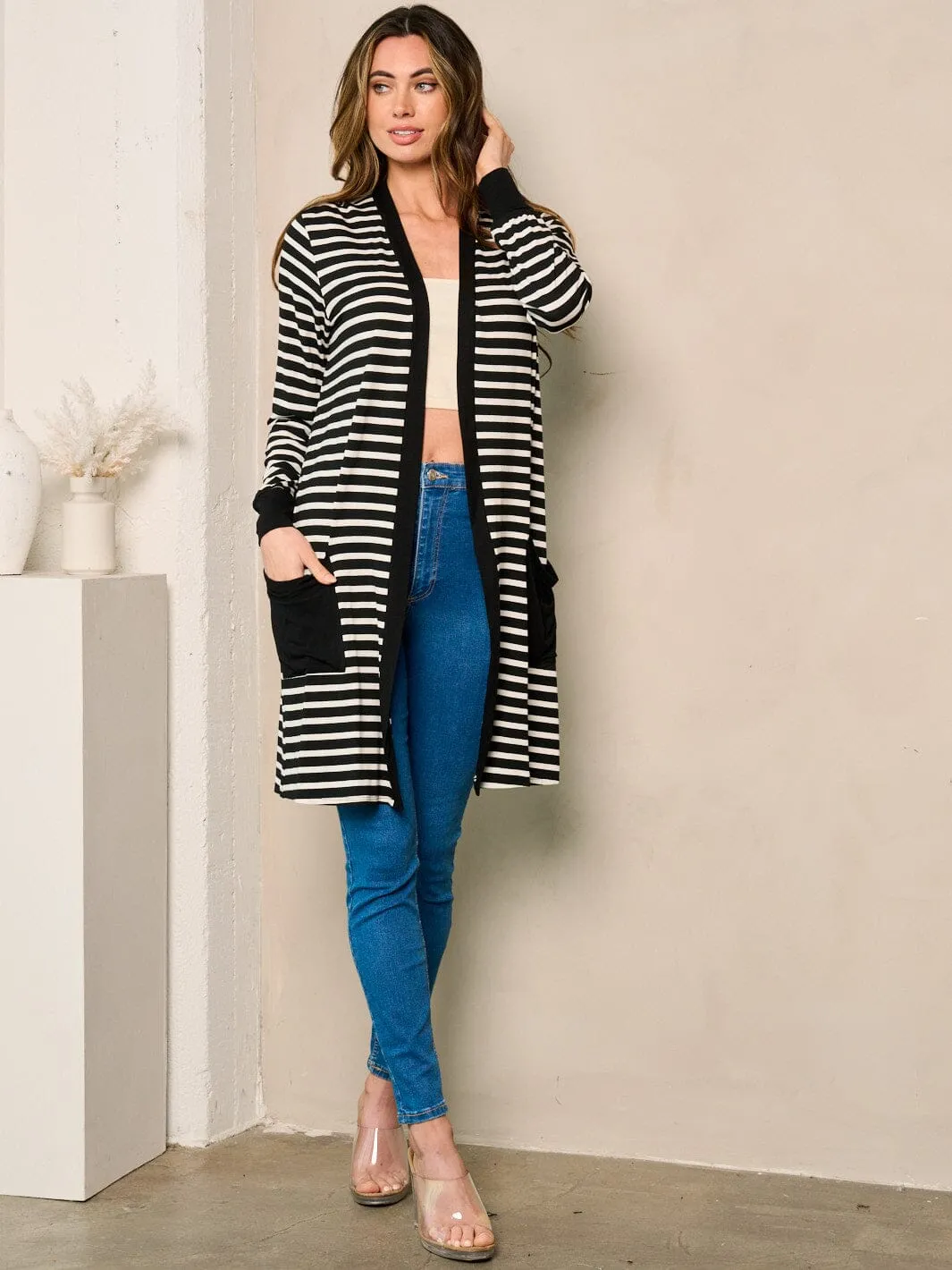 WOMEN'S LONG SLEEVE OPEN FRONT POCKETS STRIPES CARDIGAN