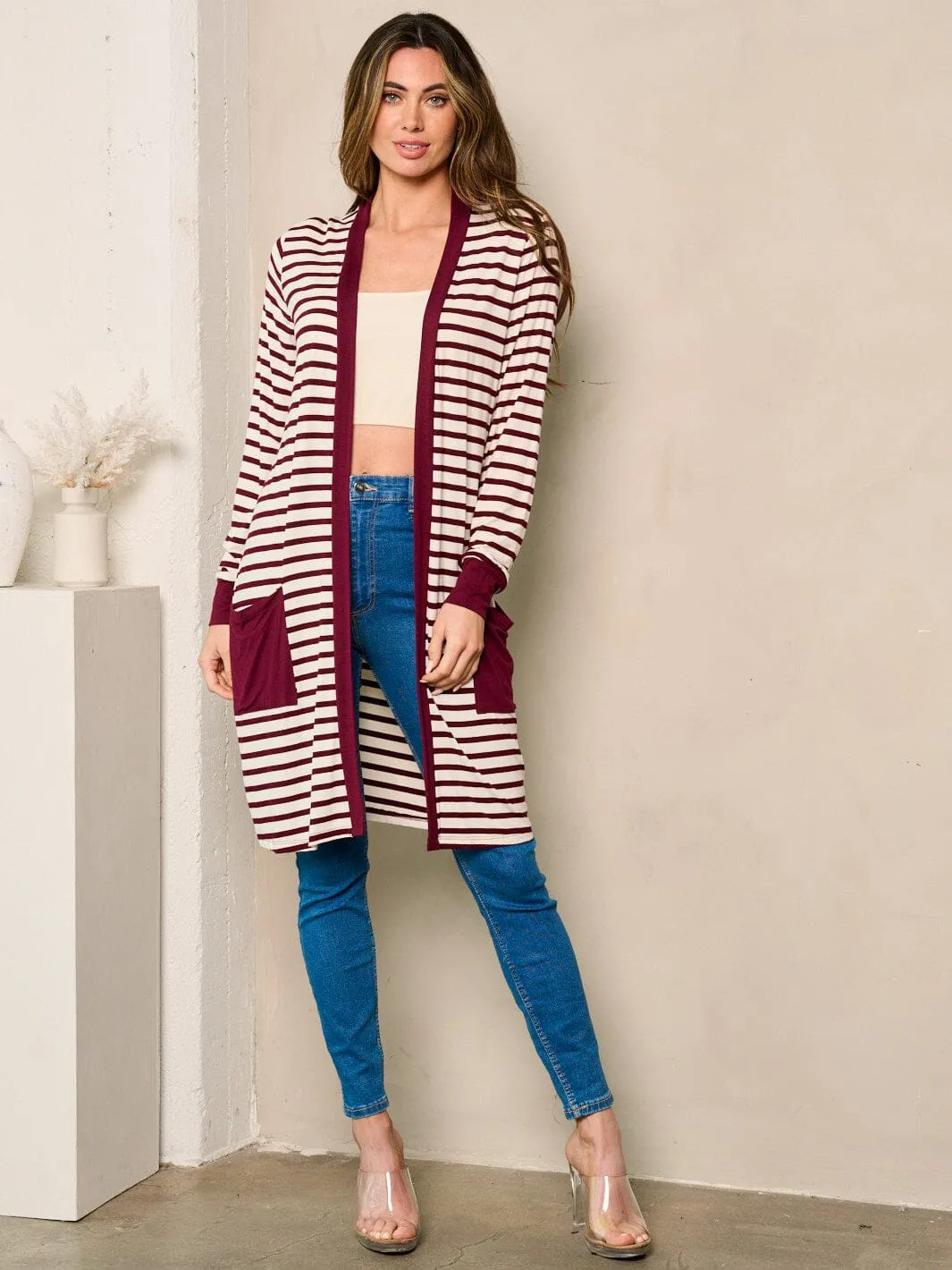 WOMEN'S LONG SLEEVE OPEN FRONT POCKETS STRIPES CARDIGAN