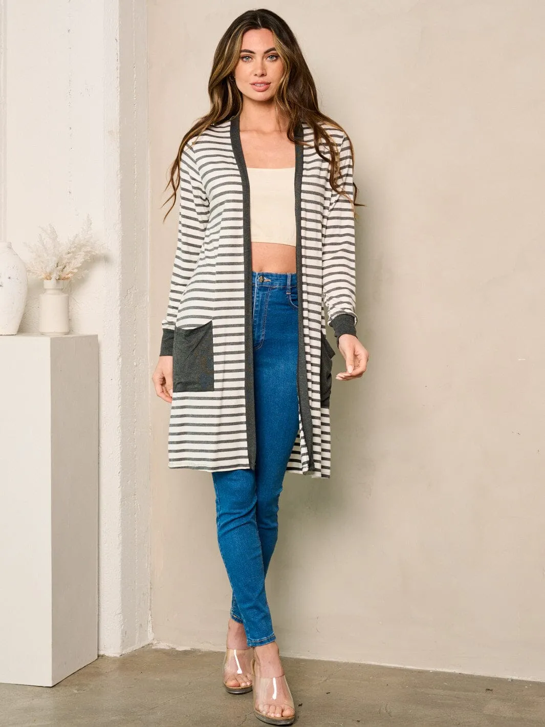 WOMEN'S LONG SLEEVE OPEN FRONT POCKETS STRIPES CARDIGAN
