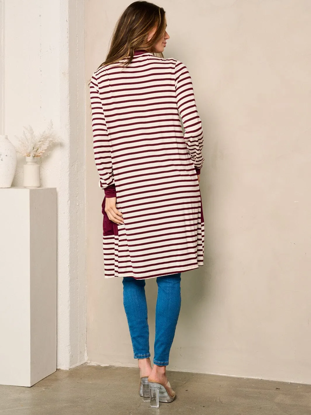 WOMEN'S LONG SLEEVE OPEN FRONT POCKETS STRIPES CARDIGAN