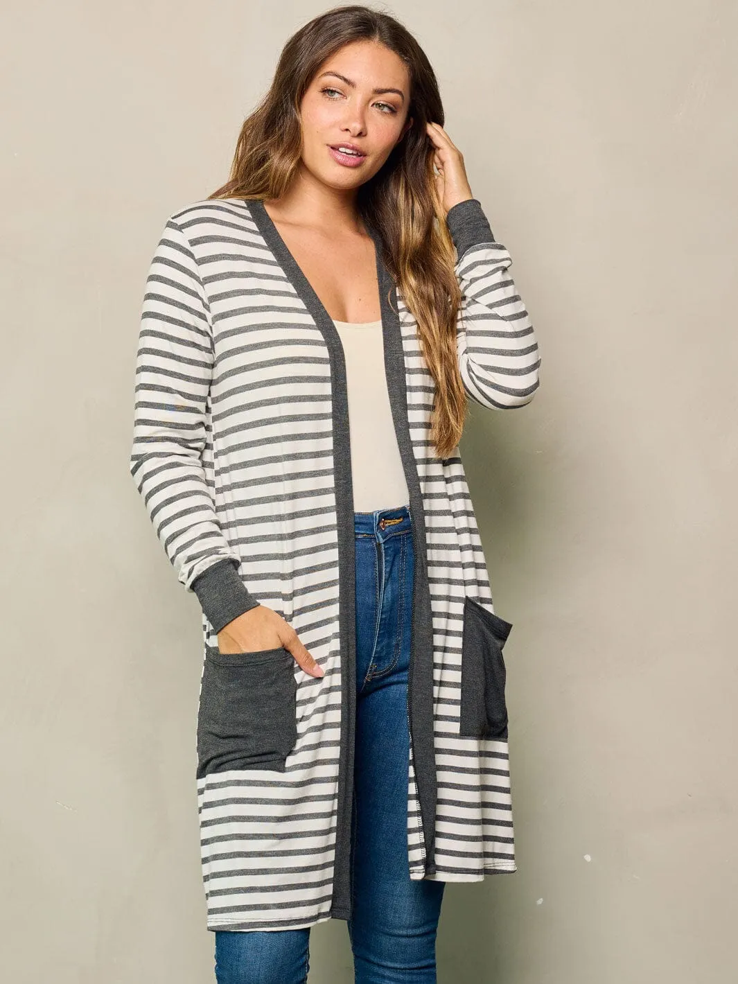 WOMEN'S LONG SLEEVE OPEN FRONT POCKETS STRIPES CARDIGAN