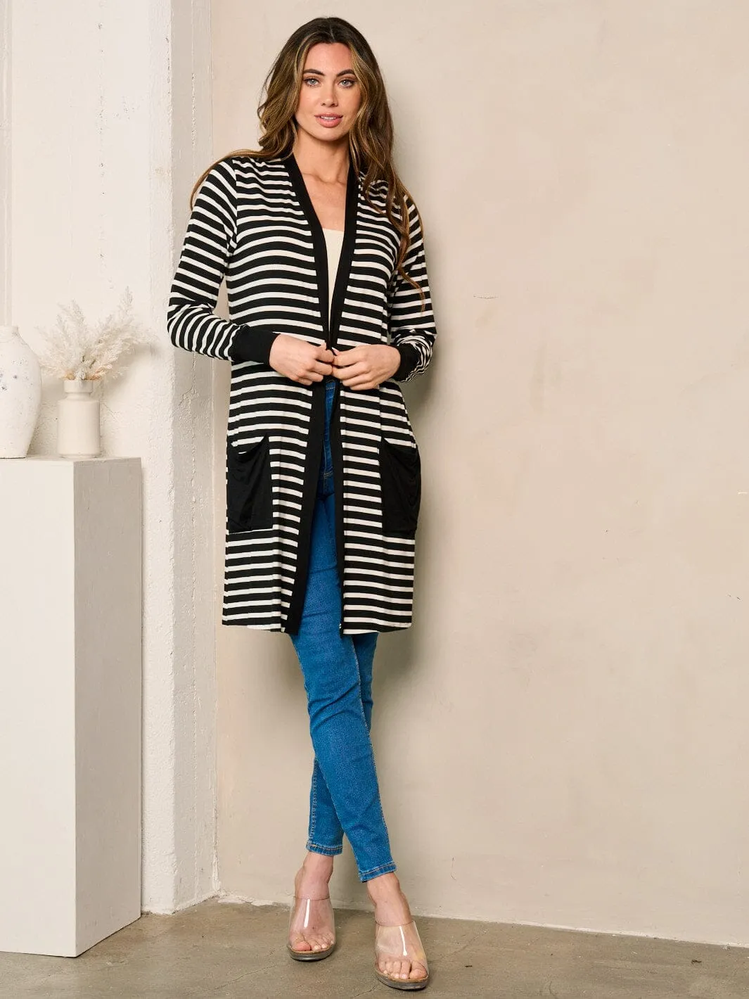WOMEN'S LONG SLEEVE OPEN FRONT POCKETS STRIPES CARDIGAN