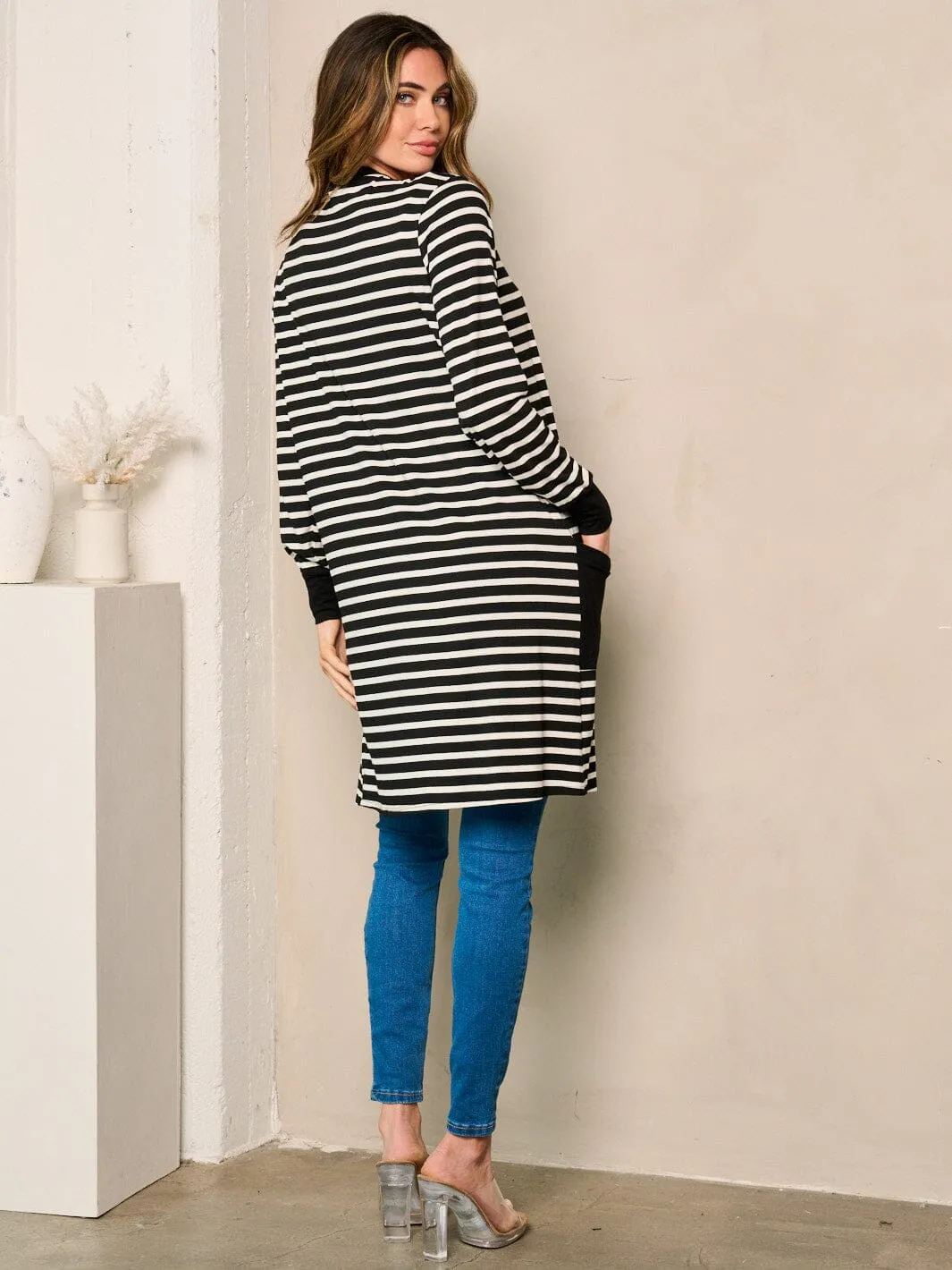 WOMEN'S LONG SLEEVE OPEN FRONT POCKETS STRIPES CARDIGAN