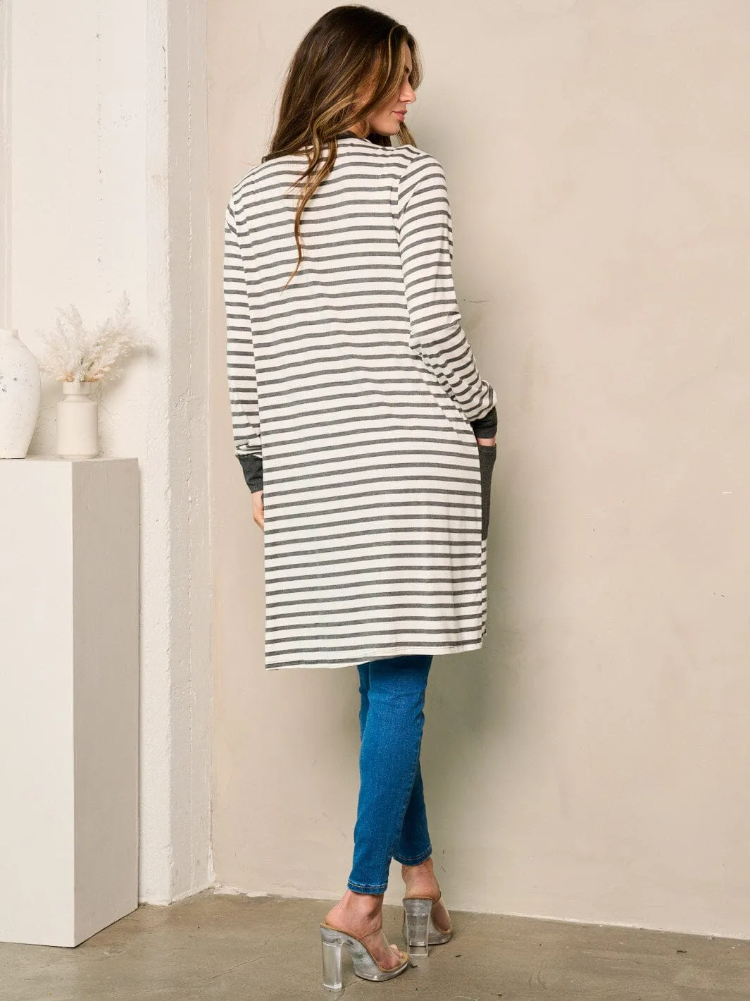 WOMEN'S LONG SLEEVE OPEN FRONT POCKETS STRIPES CARDIGAN