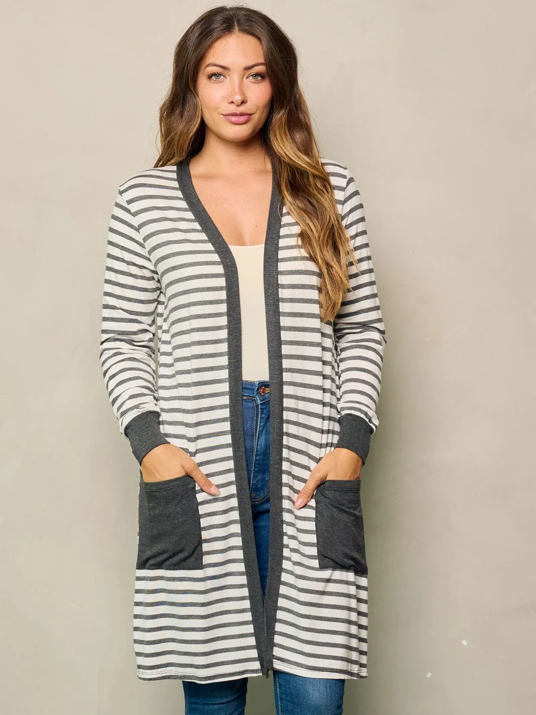 WOMEN'S LONG SLEEVE OPEN FRONT POCKETS STRIPES CARDIGAN