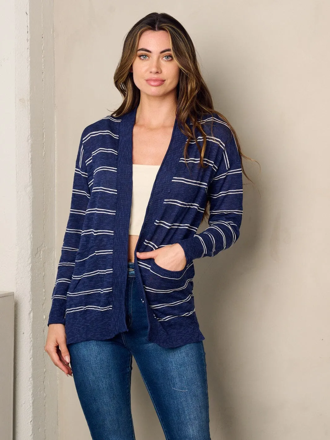 WOMEN'S LONG SLEEVE OPEN FRONT POCKETS STRIPES CARDIGAN