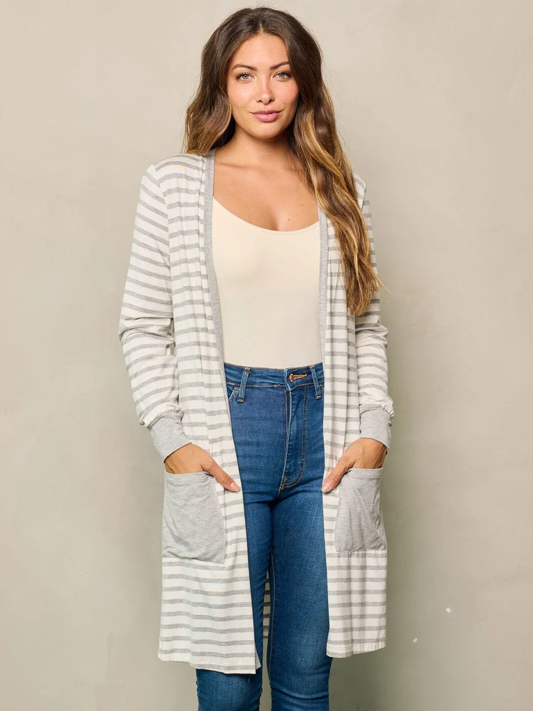 WOMEN'S LONG SLEEVE OPEN FRONT POCKETS STRIPES CARDIGAN
