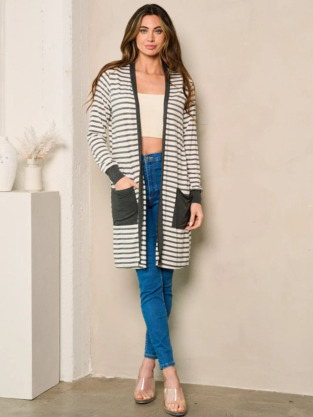 WOMEN'S LONG SLEEVE OPEN FRONT POCKETS STRIPES CARDIGAN