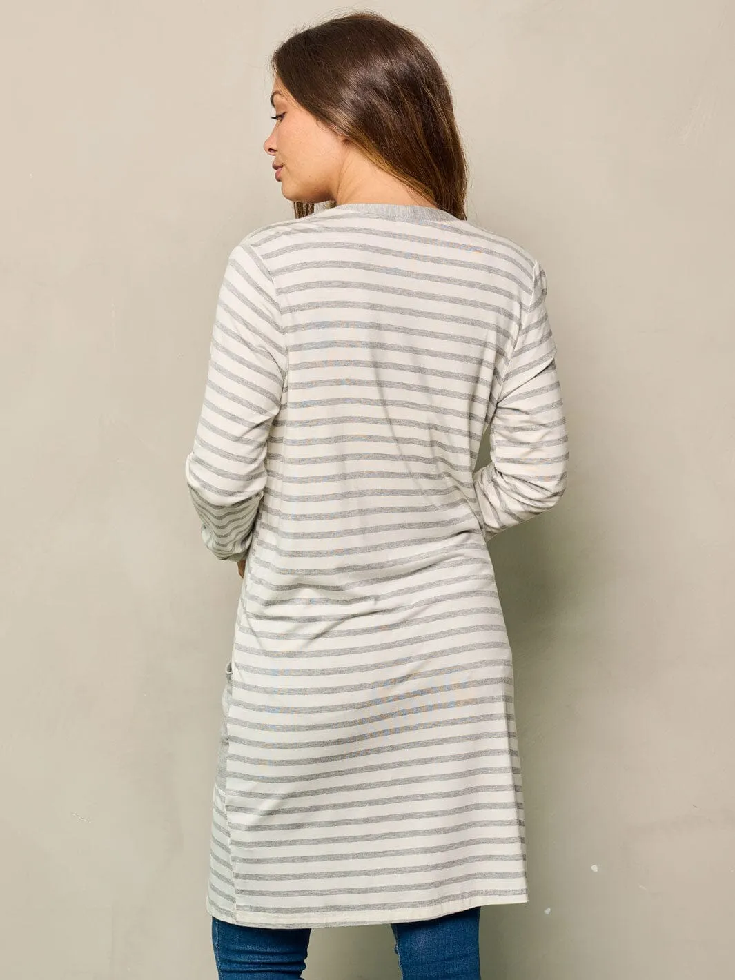 WOMEN'S LONG SLEEVE OPEN FRONT POCKETS STRIPES CARDIGAN
