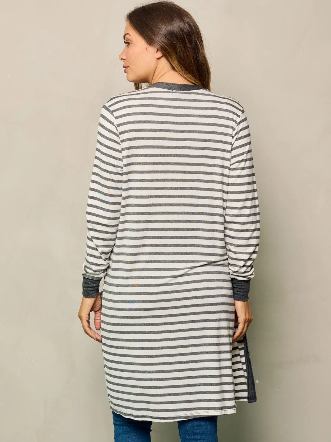WOMEN'S LONG SLEEVE OPEN FRONT POCKETS STRIPES CARDIGAN