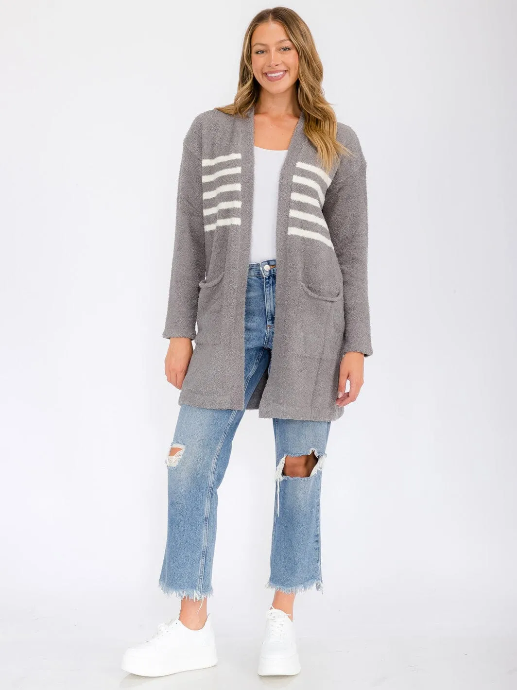 WOMEN'S LONG SLEEVE OPEN FRONT STRIPES POCKETS CARDIGAN